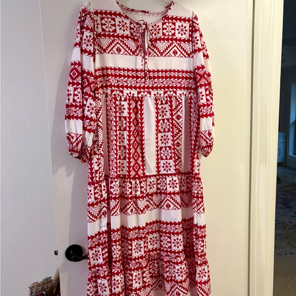Red and White Bold Patterned Women's Dress